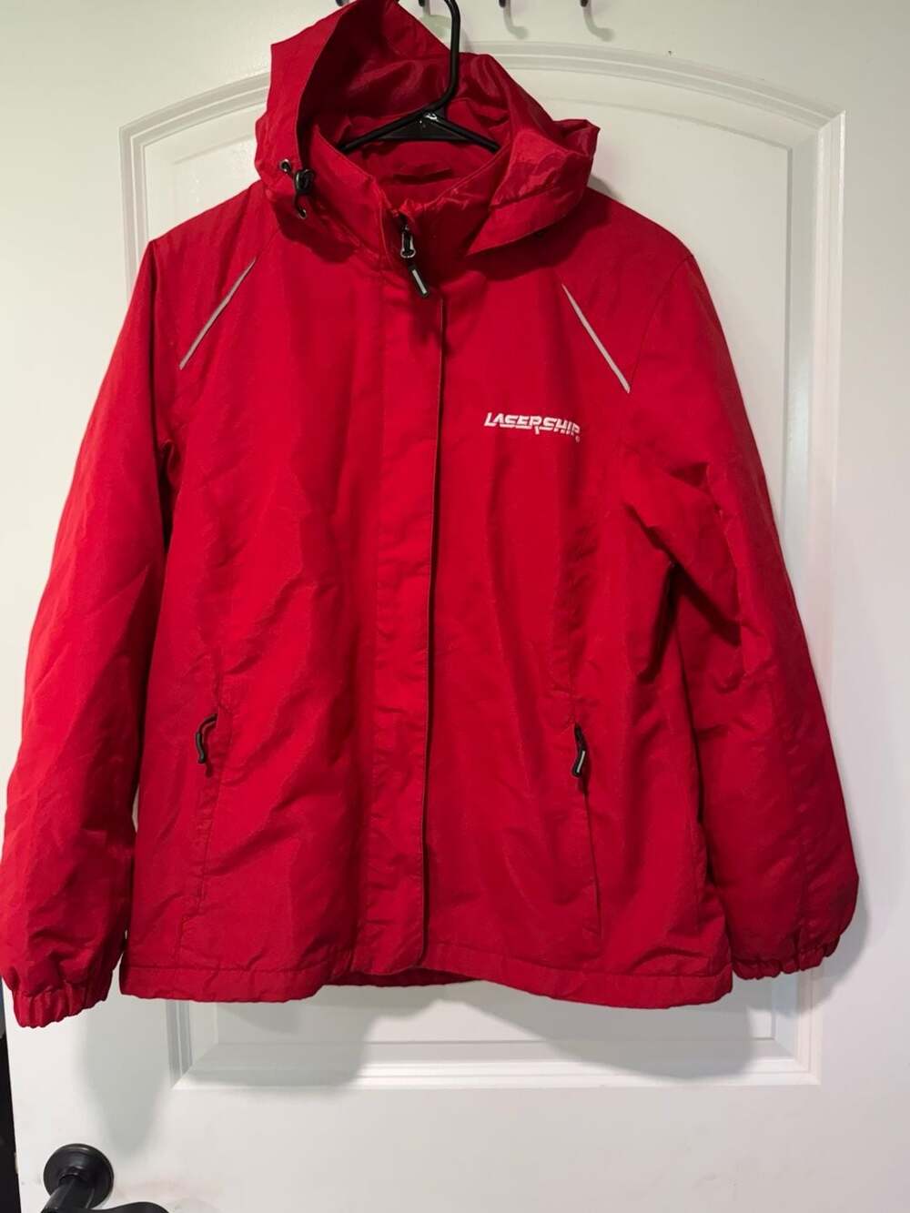 Women’s Medium Red Soft Shell Jacket Gray Fleece Lined Hooded Outdoor Active